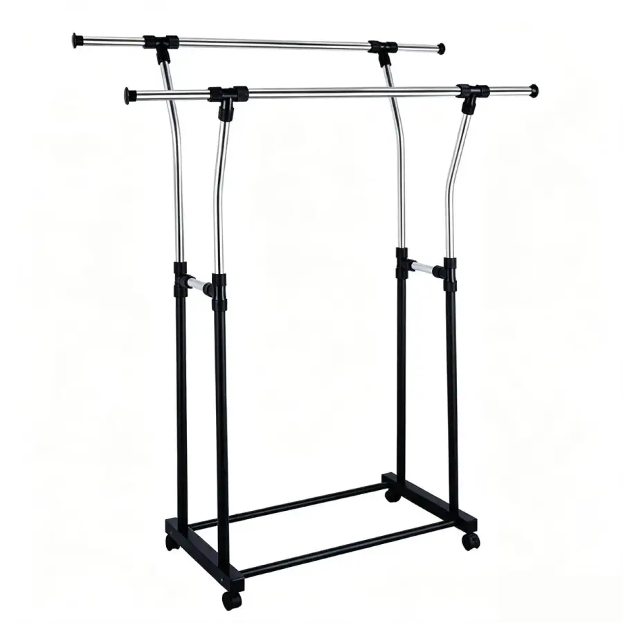 Double-bar Z-frame clothing display rack with chrome finish and caster wheels