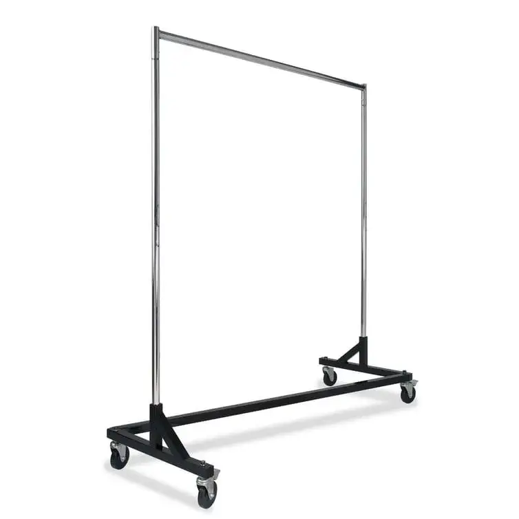 Single-bar rolling garment rack — heavy-duty chrome rail on black base with four casters