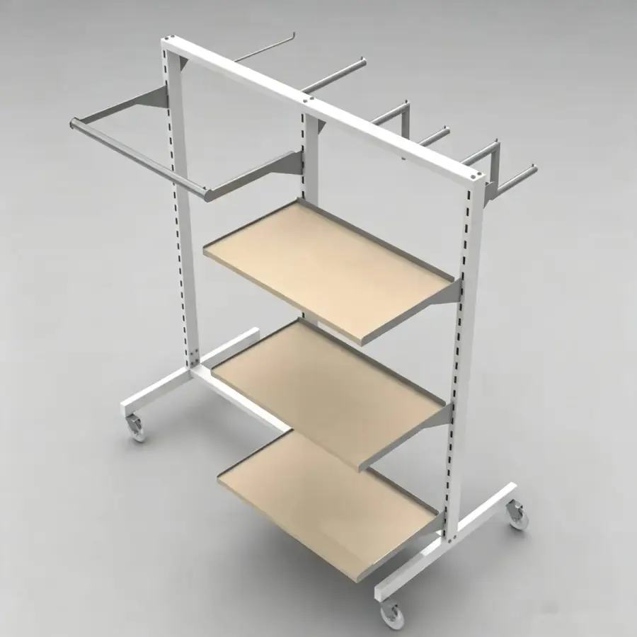 Multi-functional mobile clothing display rack with two wooden shelves and top hanging bar on caster wheels