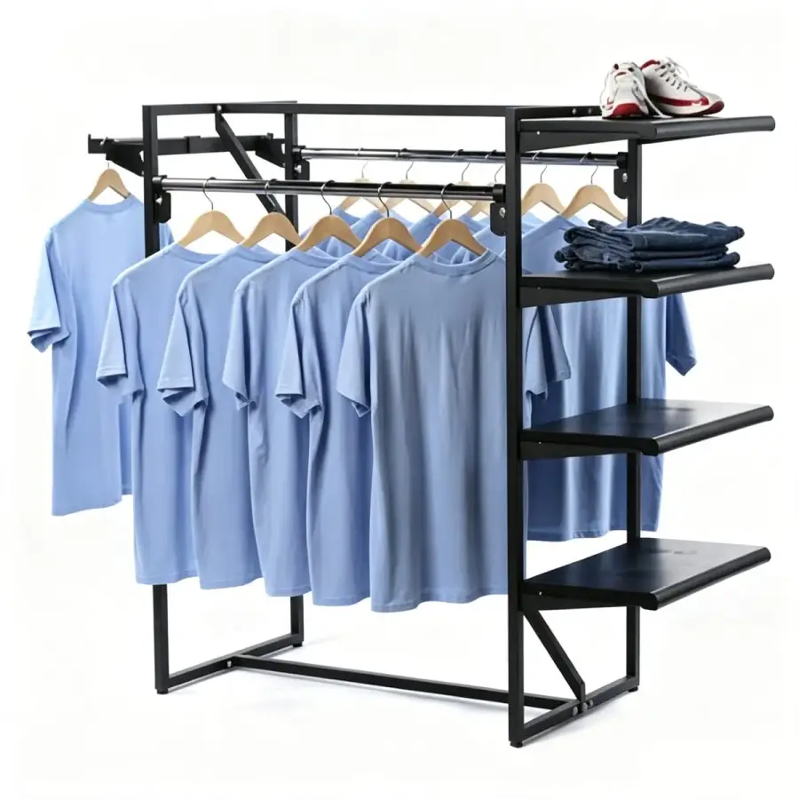 Commercial-grade rolling clothing display rack showing light blue t-shirts, denim jeans, and white sneakers on shelves and hangers