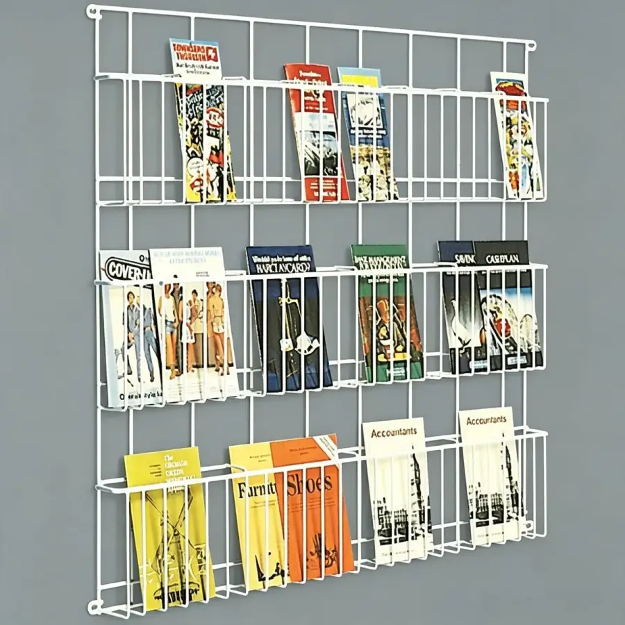 Wall-mounted white wire grid magazine and brochure rack with 20-25 pockets displaying vintage travel and trade publications