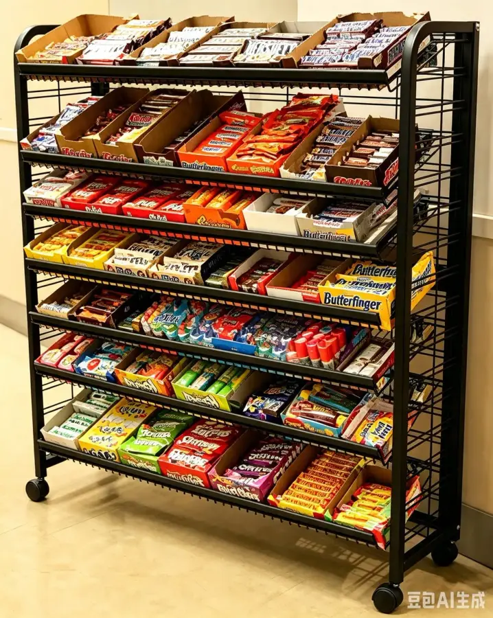 Mobile black wire candy and chocolate display rack with 6-7 tiered shelves and caster wheels