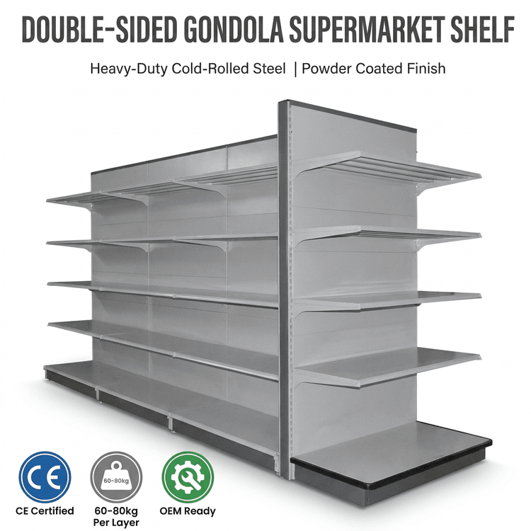 Structural detail view showing cold-rolled steel upright, smooth powder coating, adjustable shelf brackets and reinforced base plate