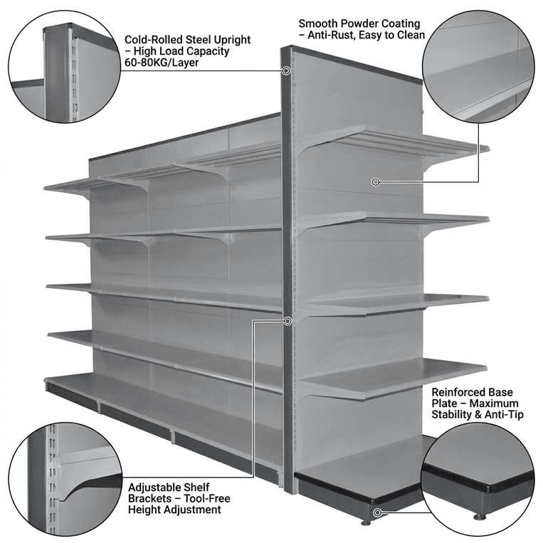Supermarket application scene showing grocery products on double-sided gondola shelving