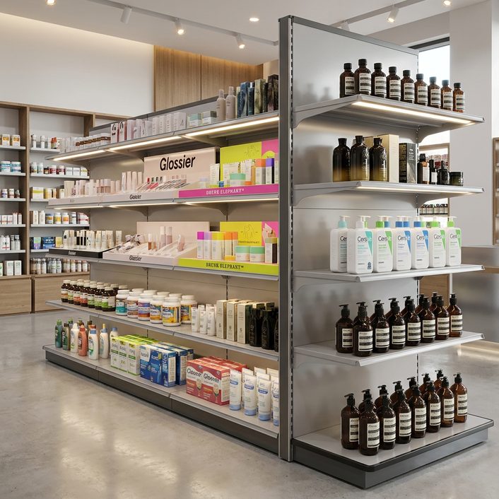 Cosmetics and personal care store application with double-sided gondola shelving