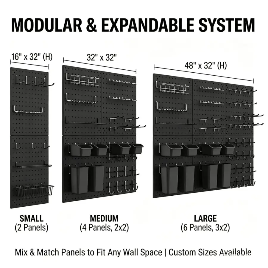 Pegboard display panel with hooks and shelves for retail and workshop organization