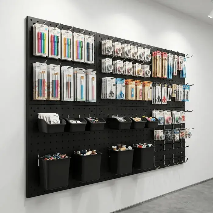 Slatwall panel with merchandising hooks displaying packaged retail products