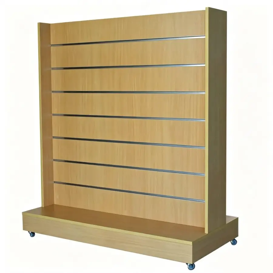 Mobile wooden slatwall display unit with tall back panel, horizontal slots, and wide platform base on caster wheels