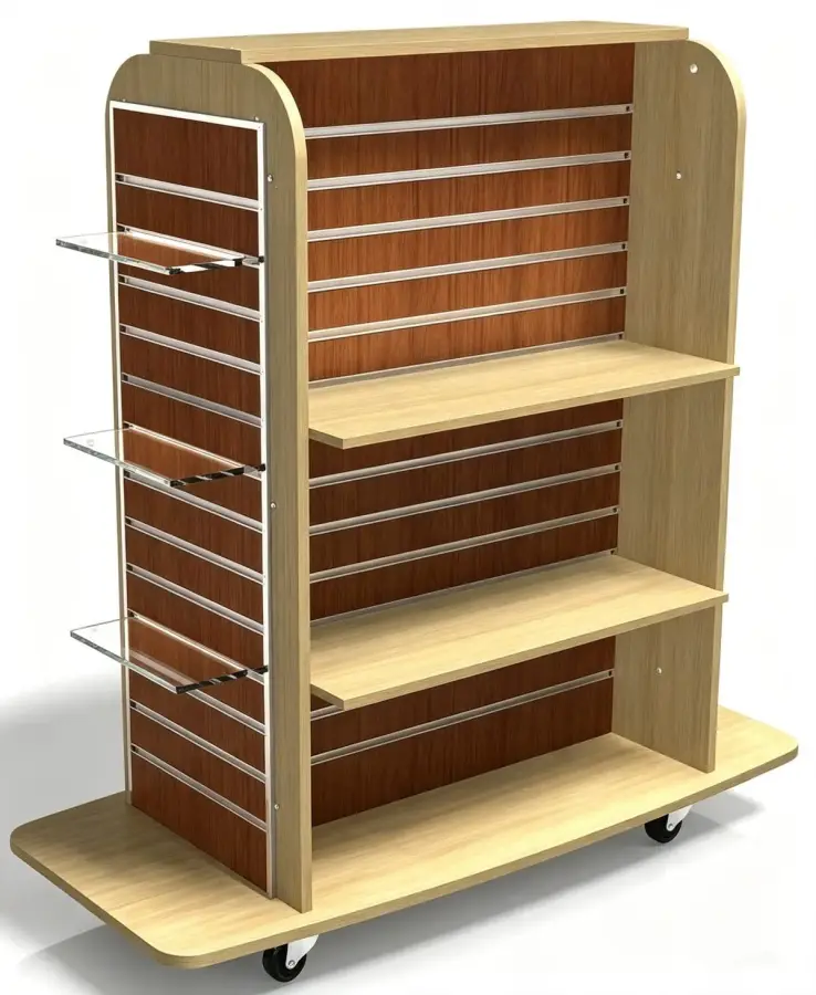 Double-sided mobile slatwall gondola display with maple wood, dark walnut backing, acrylic shelf dividers, and header panel