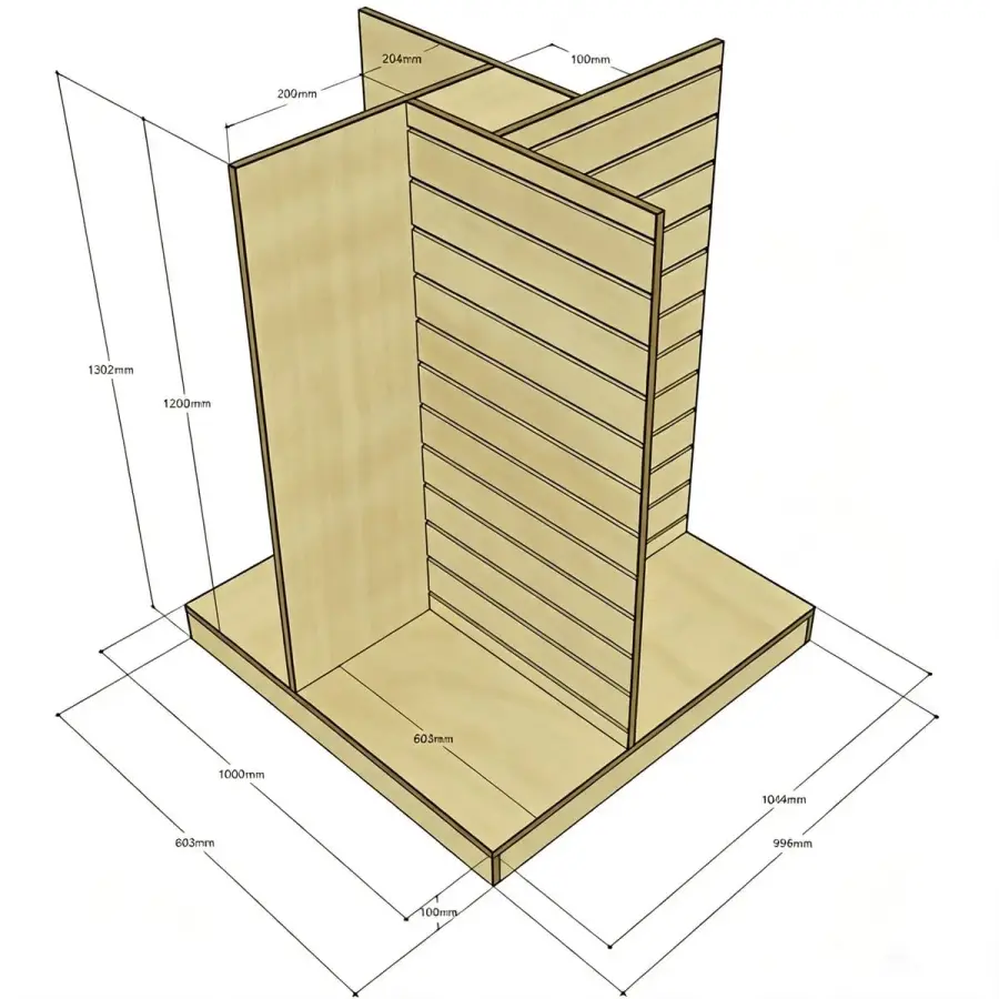 Freestanding double-sided slatwall display unit with technical dimensional drawing showing 1302mm height and 1000×1044mm base