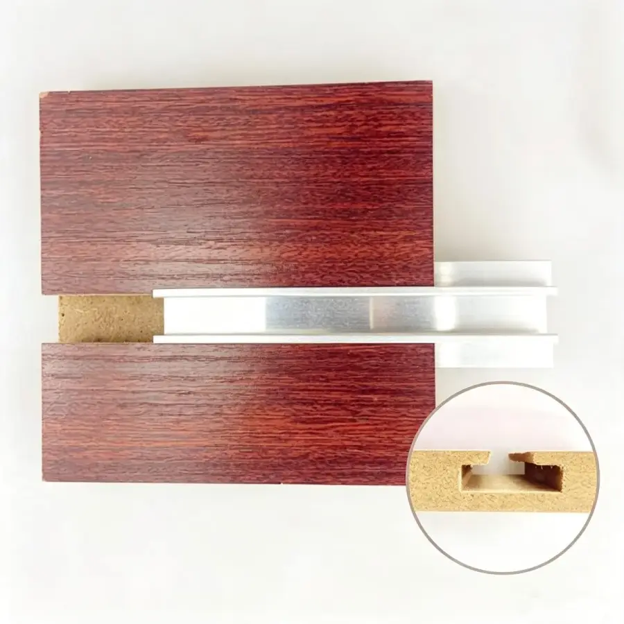 Slatwall panel construction sample with mahogany-finished MDF panels and white powder-coated aluminum bracket channel